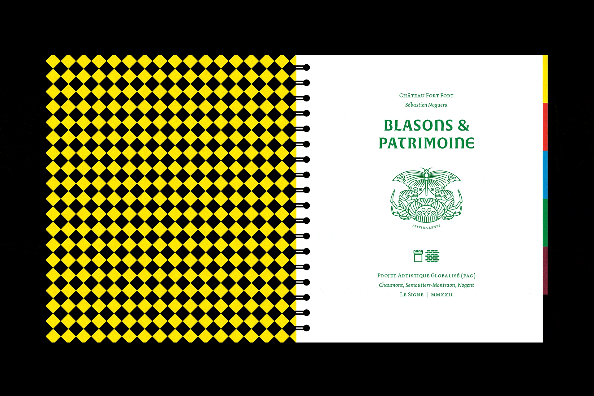 Livre compte-rendu avec reliure en spirale imprimé en quadrichromie (CMJN) des ateliers créatifs pédagogiques réalisés avec de jeunes publics de Haute-Marne sur la thématique des blasons, des symboles et de l’iconographie du patrimoine, couleurs héraldiques
