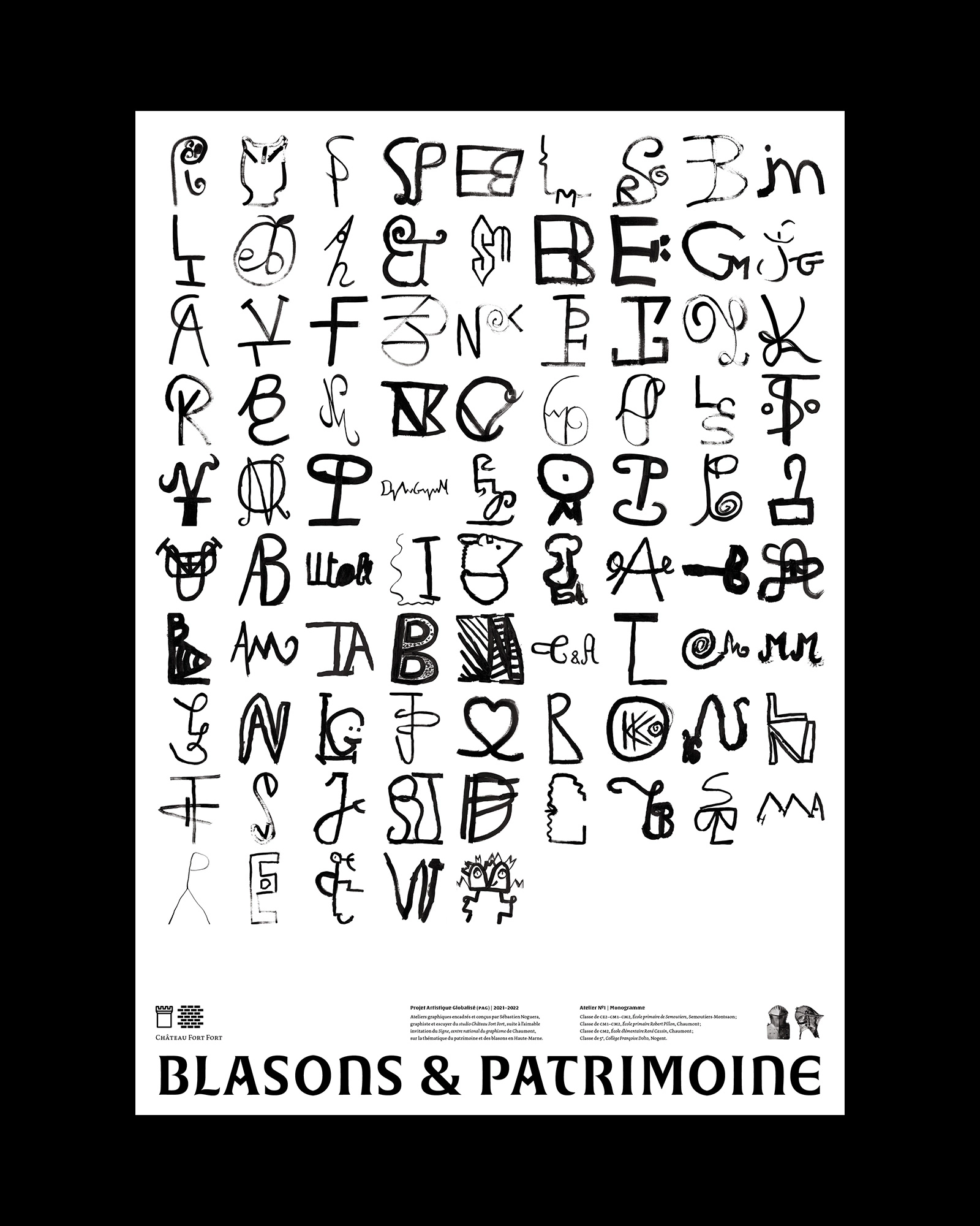 Affiche compte-rendu imprimée en quadrichromie (CMJN) des ateliers créatifs pédagogiques réalisés avec de jeunes publics de Haute-Marne sur la thématique des blasons, des symboles et de l’iconographie du patrimoine, noir et blanc, création de monogrammes typographiques manuscrits à l'encre de chine