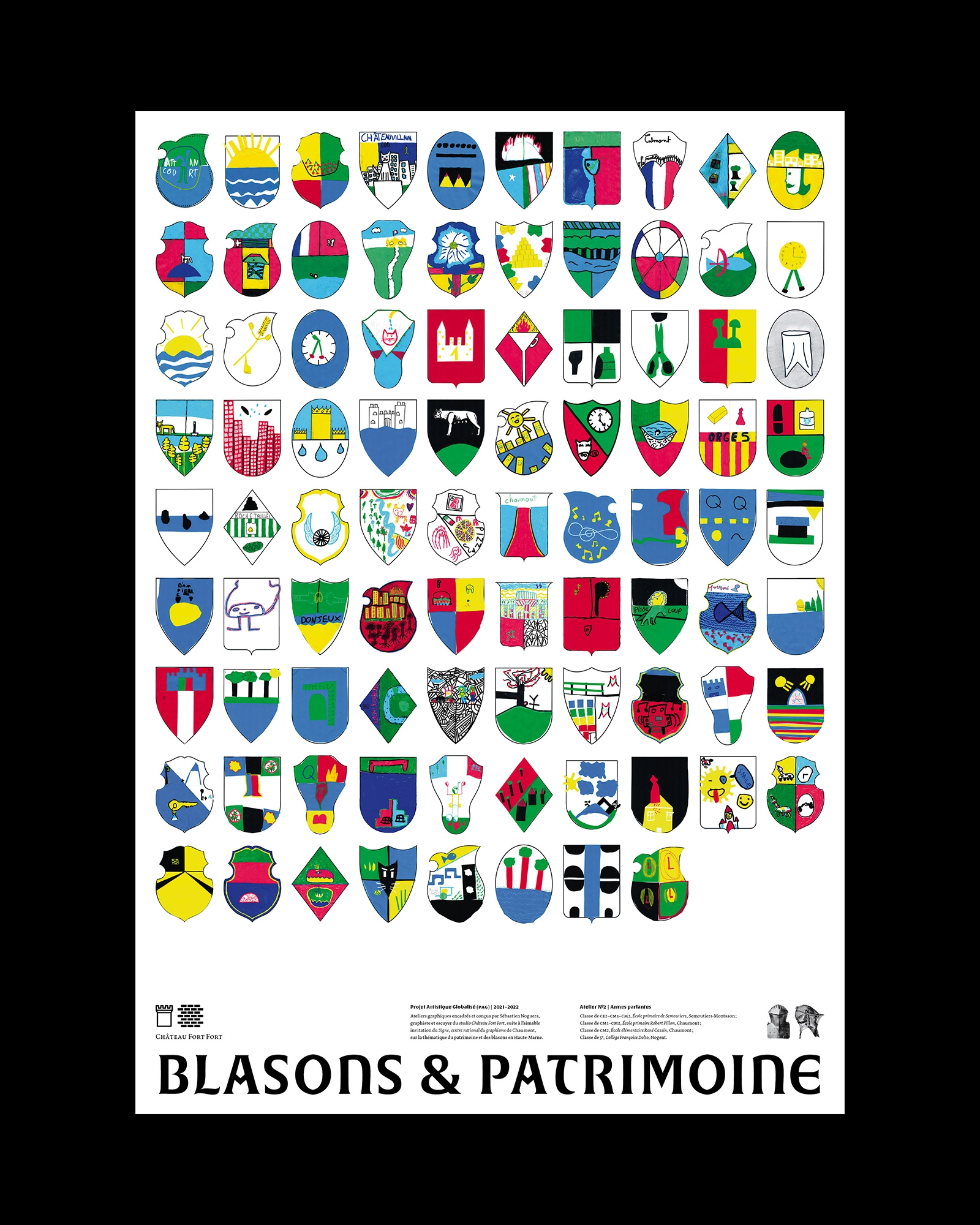 Affiche compte-rendu imprimée en quadrichromie (CMJN) des ateliers créatifs pédagogiques réalisés avec de jeunes publics de Haute-Marne sur la thématique des blasons, des symboles et de l’iconographie du patrimoine, couleurs héraldiques, création d’armoiries