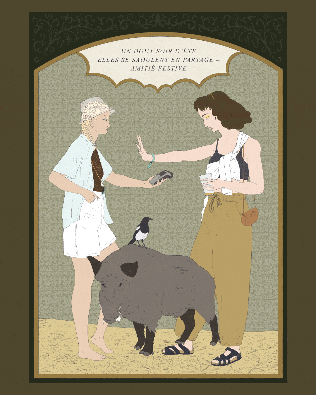 Illustration d'une scène de dialogue entre deux personnages féminin, un sanglier et une pie, dessin contemporain