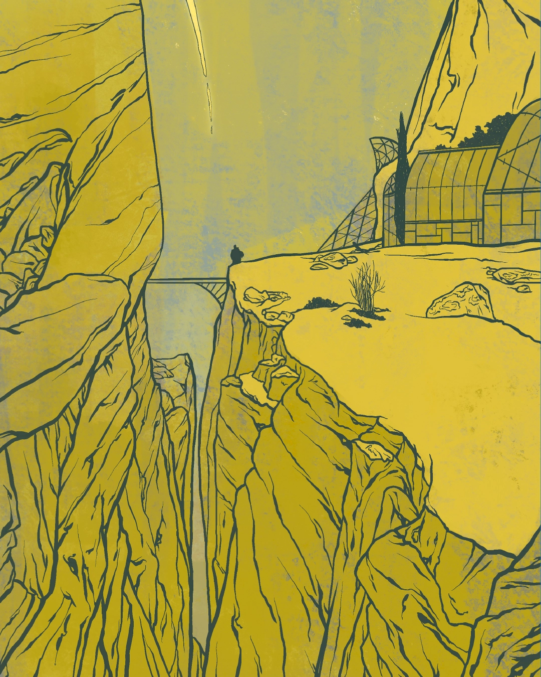 Illustration d'un paysage montagneux, encre de chine, camaïeu, dessin figuratif, science fiction