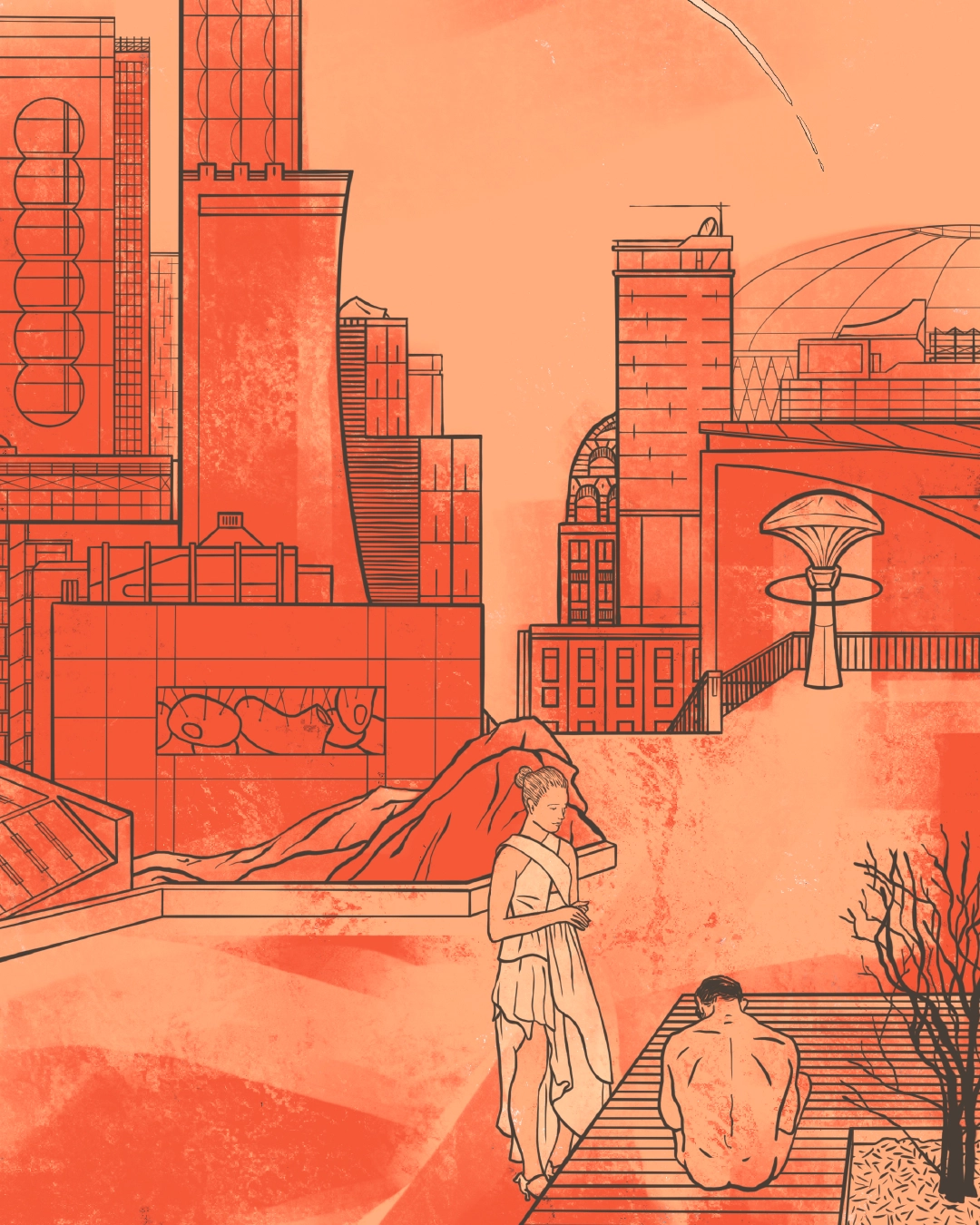 Illustration d'un paysage citadin, encre de chine, camaïeu, dessin figuratif, science fiction