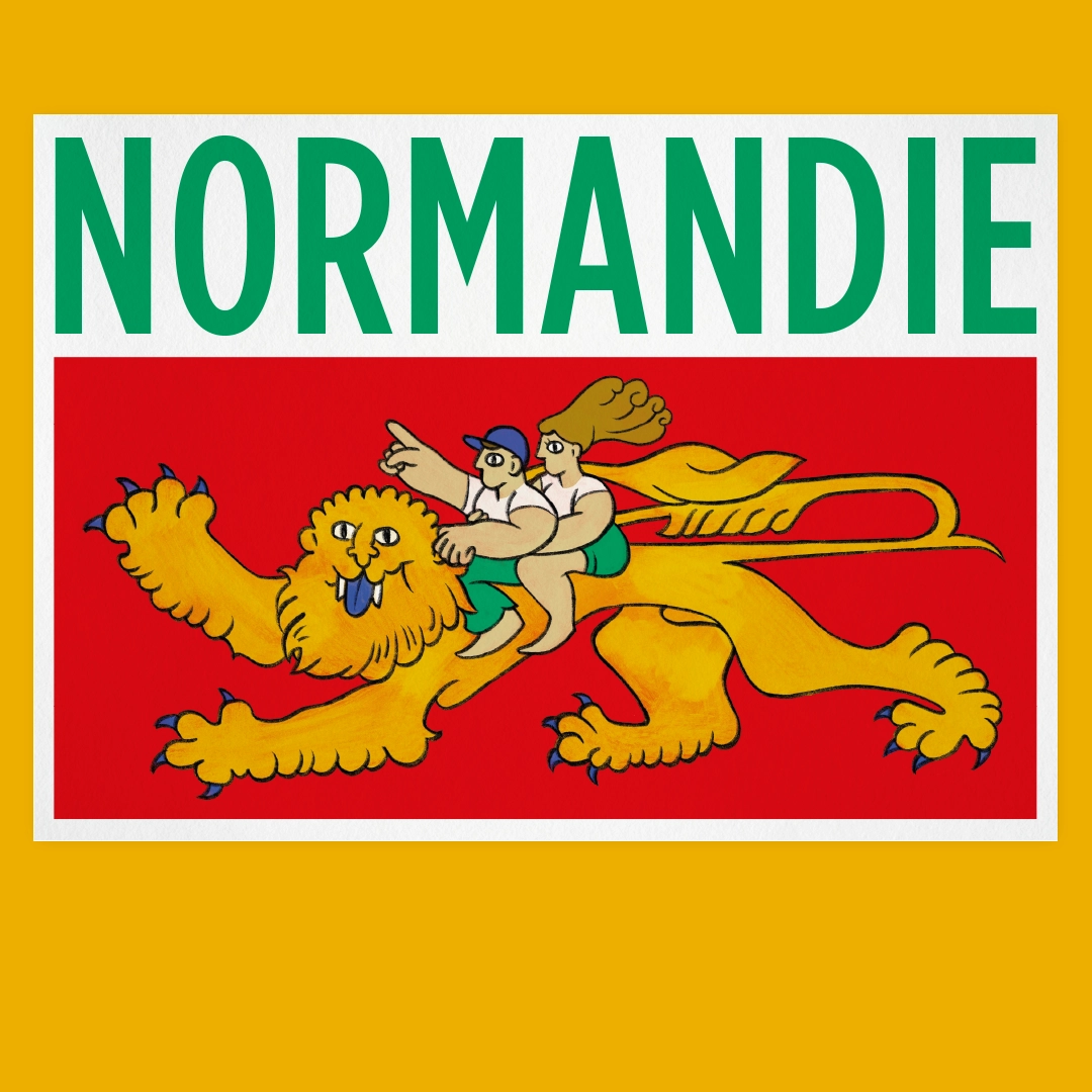 Illustration du drapeau Normandie, dessin d'un lion chevauché par un couple, carte postale, typographie