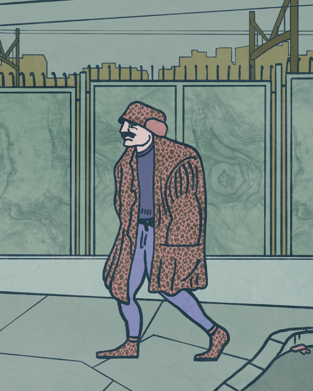 Illustration d'un homme qui marche en ville avec un manteau de fourrure