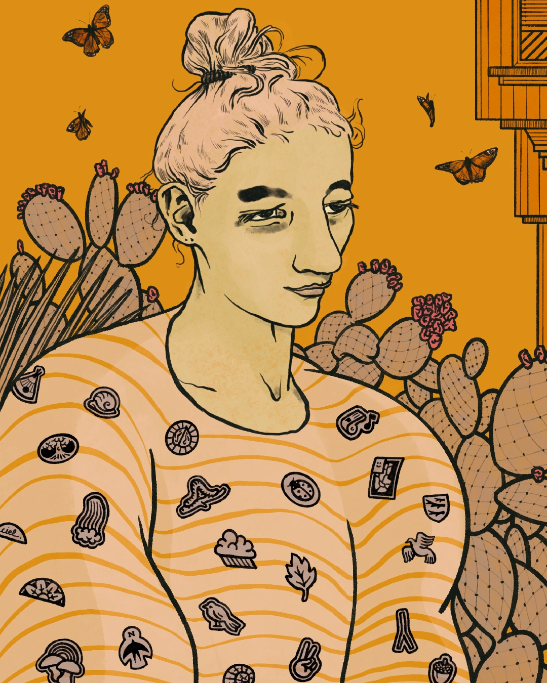 Dessin d'un portrait de femme, buste, patchs, motifs