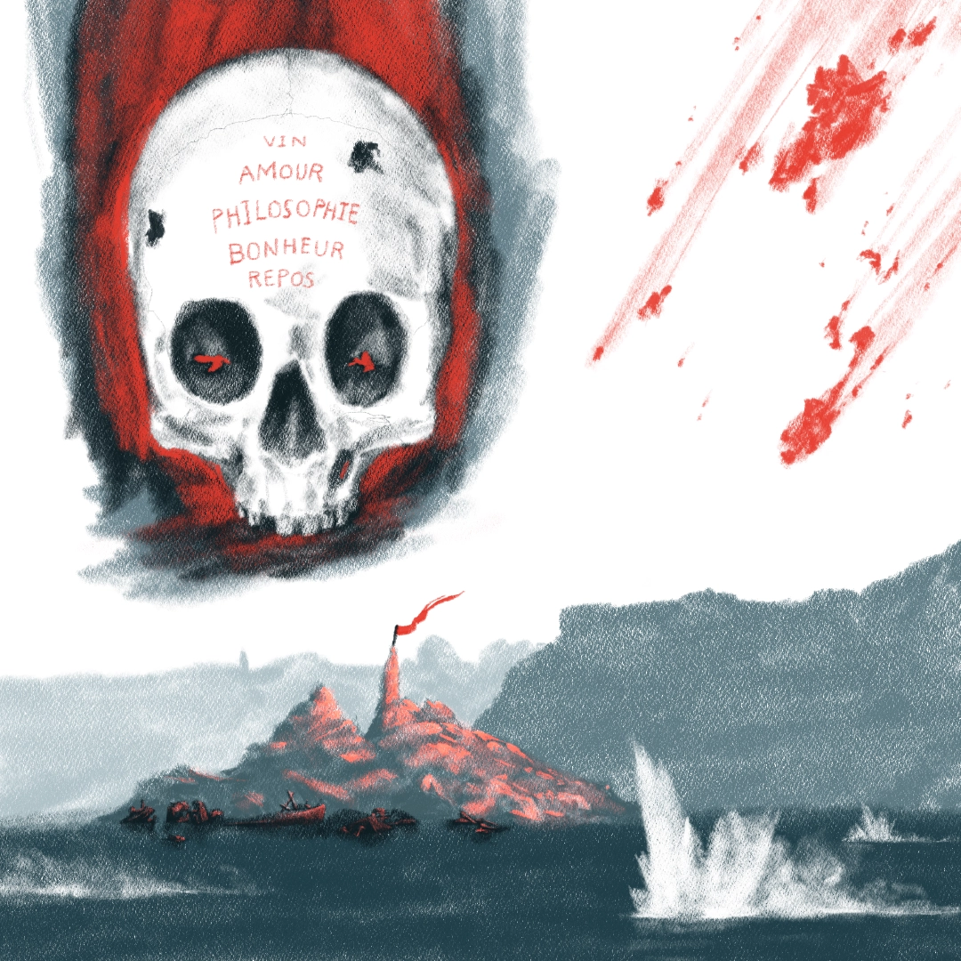 Illustration d'un crane et d'une scène apocalyptique, crayon