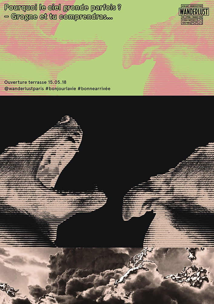 Design visuel de l’ffiche éditoriale et événementielle pour l’ouverture saisonnière du 'Wanderlust Paris', direction artistique photo, trame bitmap, contraste coloré